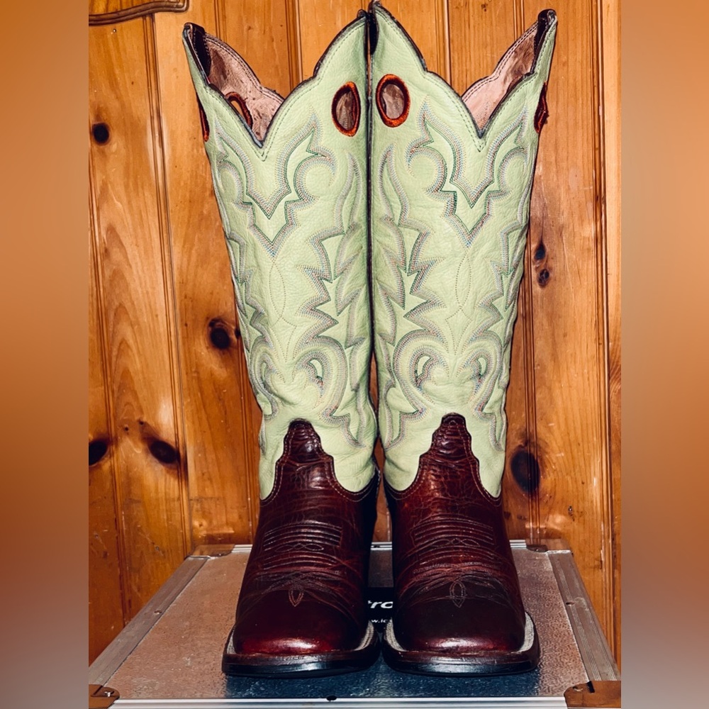 Vintage Tony Lama Green and Brown Western 3R RR Cowboy Boots